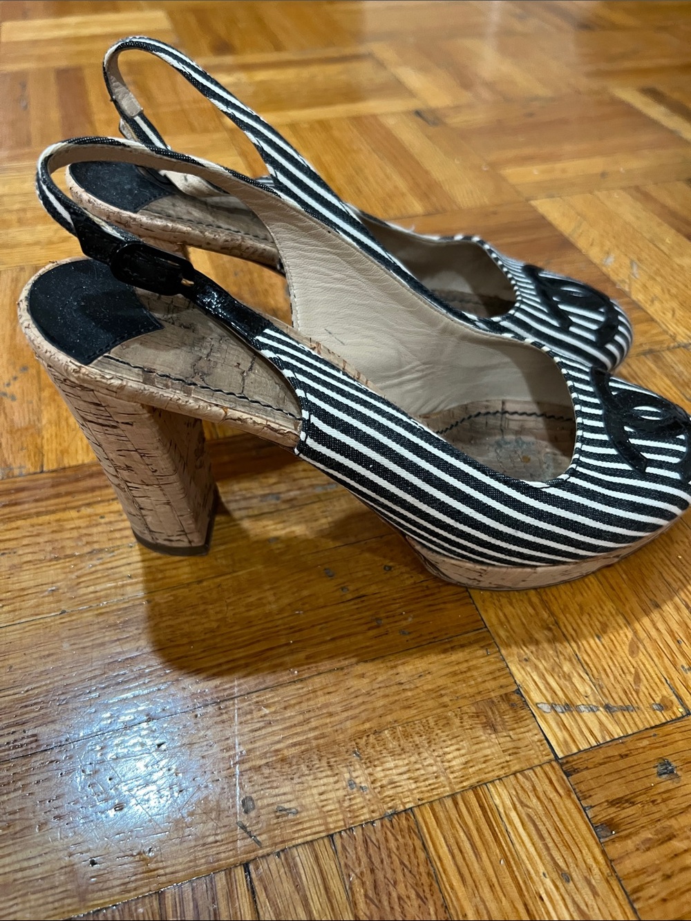 CHANEL Black and White Striped Slingback Wedges - Picture 3 of 5